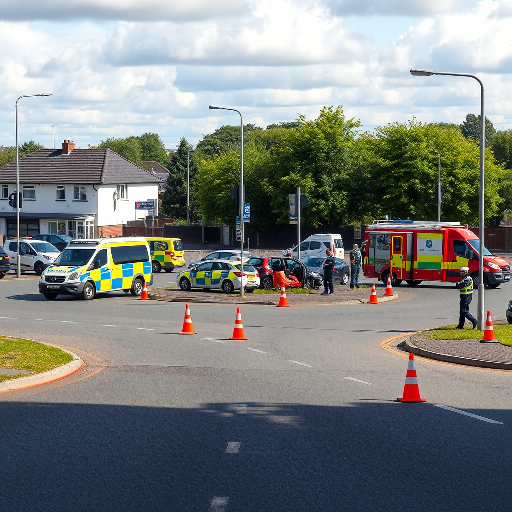Breaking News: Emergency services respond to four-car pile-up at roundabout